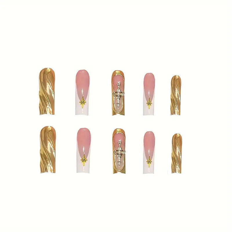 Elegant Press-On Nail Art with Gold Accents Bowlift