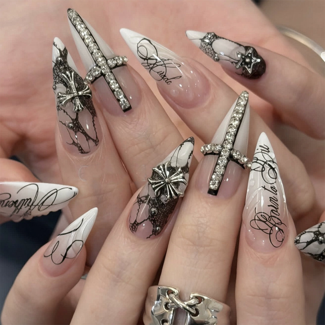 Artful stiletto nails with elegant embellishments Bowlift