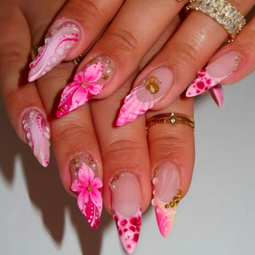 Floral Design Stiletto Press-On Nails Bowlift