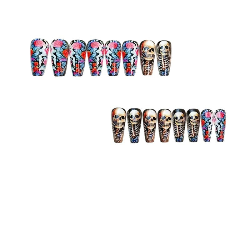 Creative artificial nails with skeleton and flower motifs Bowlift