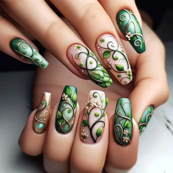 luxurious artificial nail set with floral designs and detailed accents Bowlift