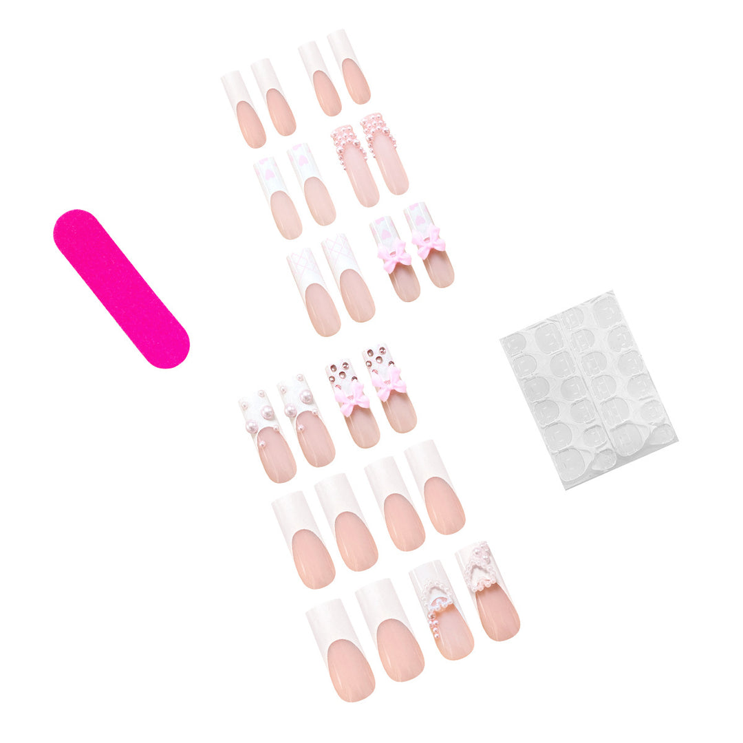 Artistic acrylic nails with bow and pearl decorations Bowlift