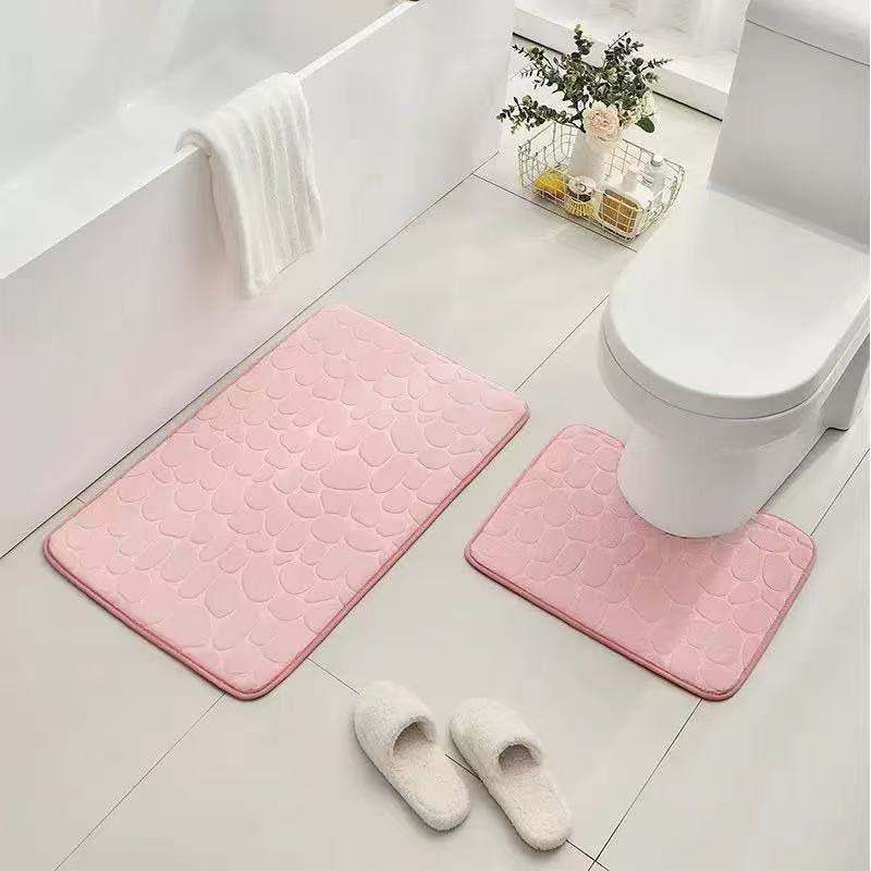 Pebble-Texture Memory Foam Bath Mat Set with U-Shaped Toilet Contour and Rectangular Non-Slip Rug Bowlift