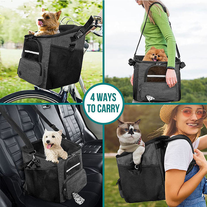 convertible front-mount pet transport backpack with reinforced base, breathable mesh canopy, padded straps and detachable shoulder sling Bowlift