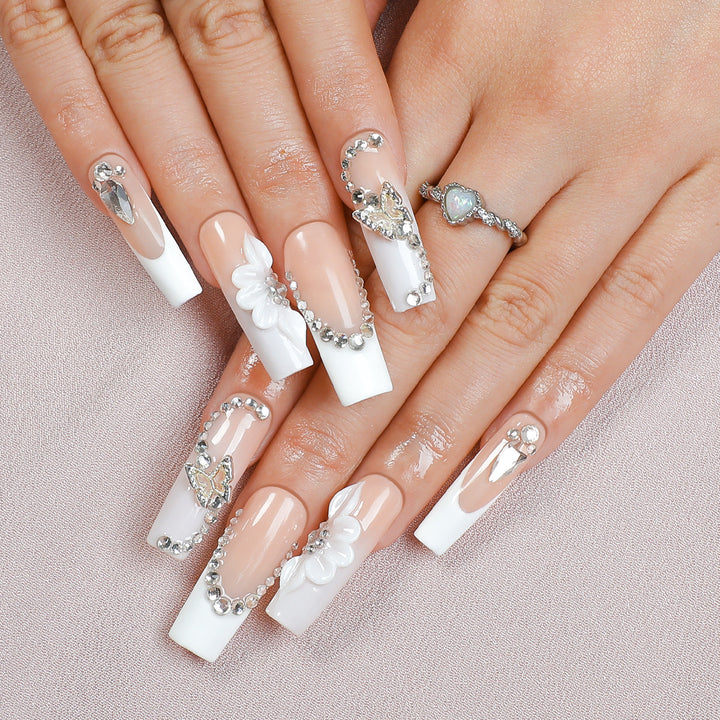 Artificial nail set with elegant glitter and flower motifs Bowlift