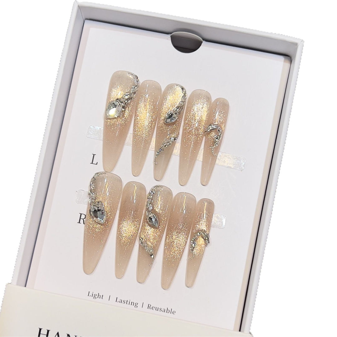 Decorative Stiletto Press-On Nail Art Set with Crystal Accents Bowlift