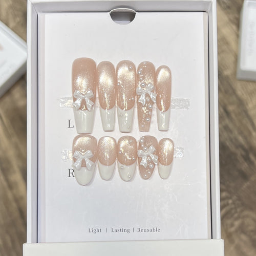 Decorative Long Press-On Nail Set with Bow and Pearl Accents Bowlift