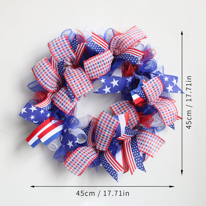 Unisex handmade patriotic door wreath with ribbon, star pattern and decorative net bow Bowlift
