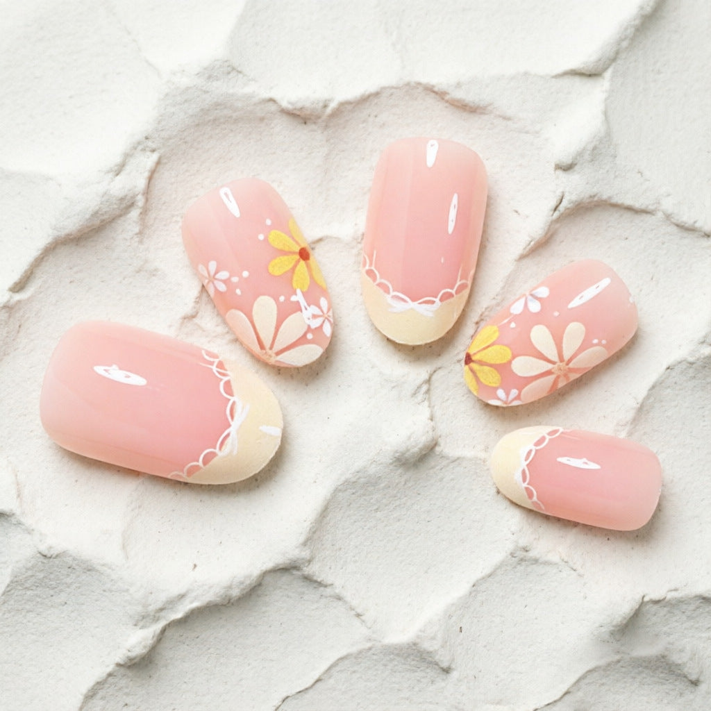 Elegant Floral French Tip Press-On Nails Bowlift