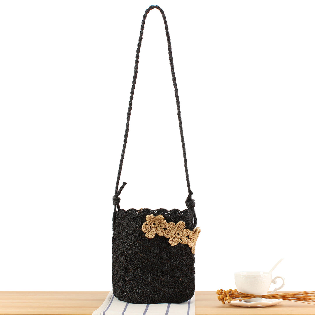 Handbag Made From Hand-Knotted Natural Material with Floral Appliqué Bowlift