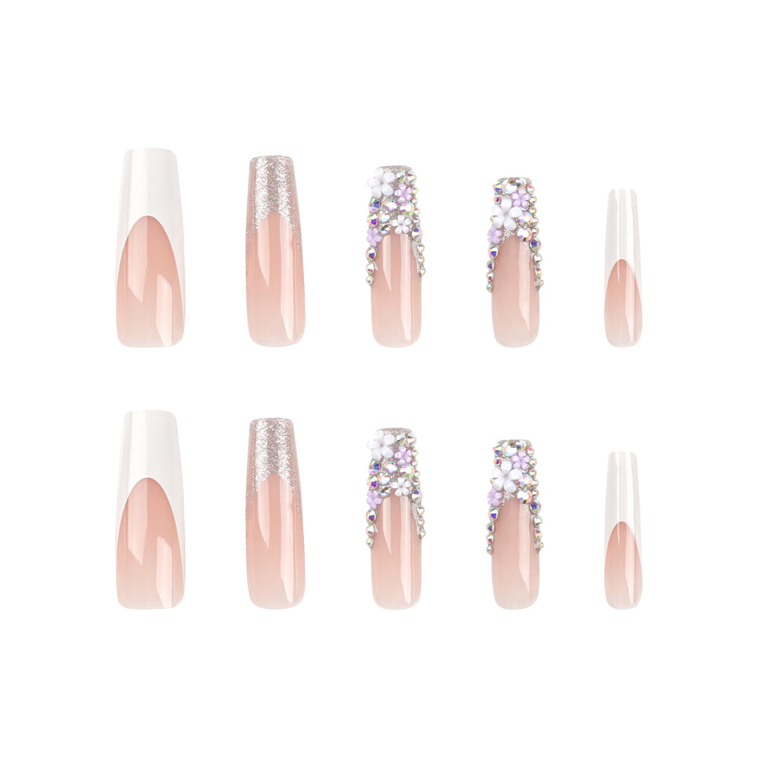 Artful Nail Extensions with Glitter and Flower Decor Bowlift