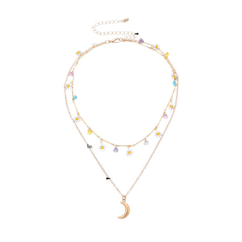 Layered Moon and Daisy Pendant Necklace Bowlift