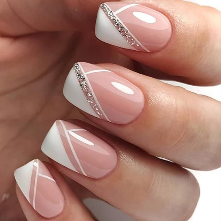 Elegant French Tip Press-On Nails with Sparkling Accents Bowlift