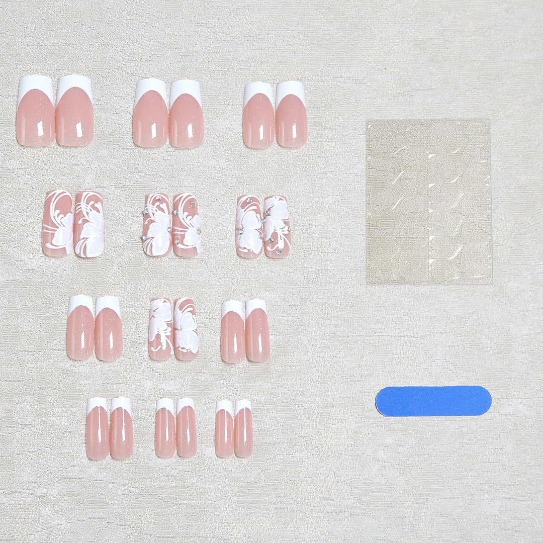 Artificial nail set with delicate flower and glitter decoration Bowlift