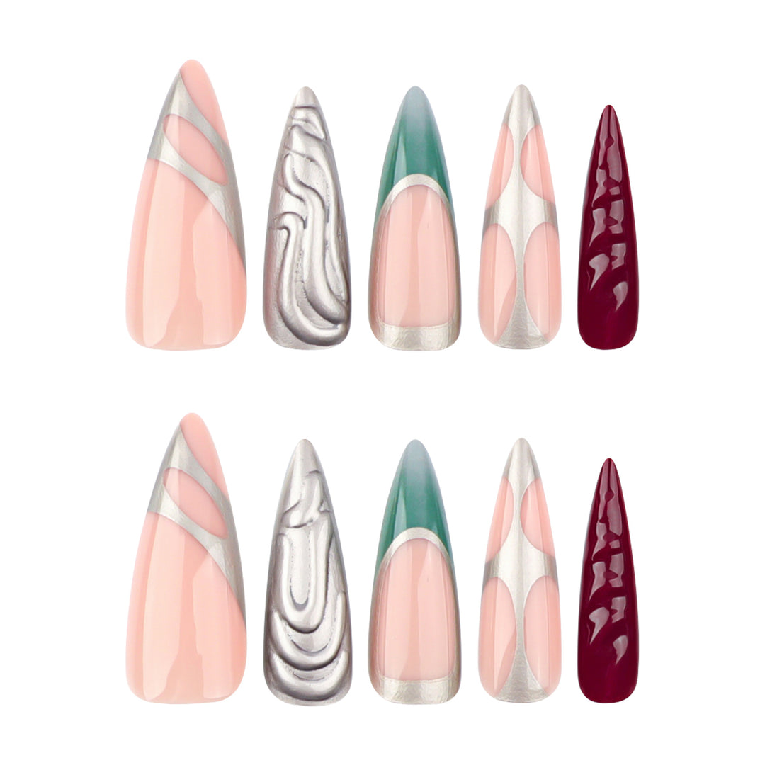 Artistic Stiletto Nails with Glitter and Metallic Effects Bowlift