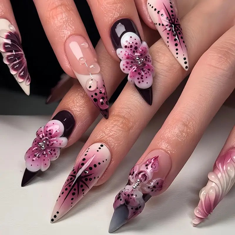 Artistic Floral Stiletto Nail Extensions Bowlift