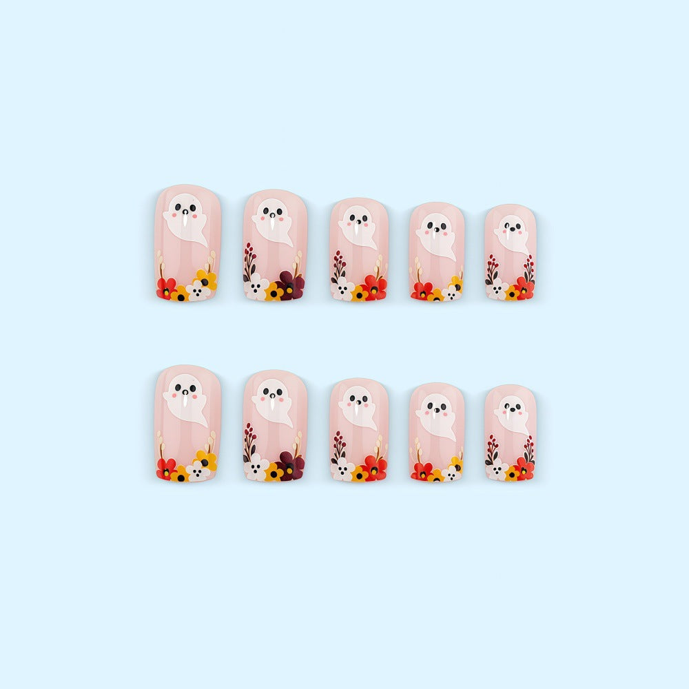 Artificial nails with ghost motif and flower accents Bowlift