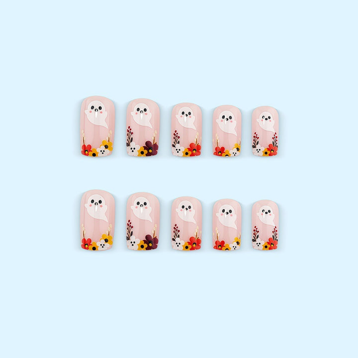 Artificial nails with ghost motif and flower accents Bowlift