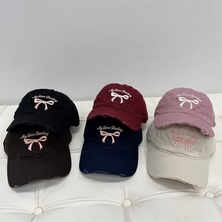 Women's Distressed Cotton Baseball Cap with Bow Embroidery Bowlift