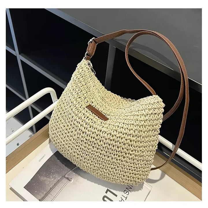 Handwoven shoulder bag with brown leather accent Bowlift