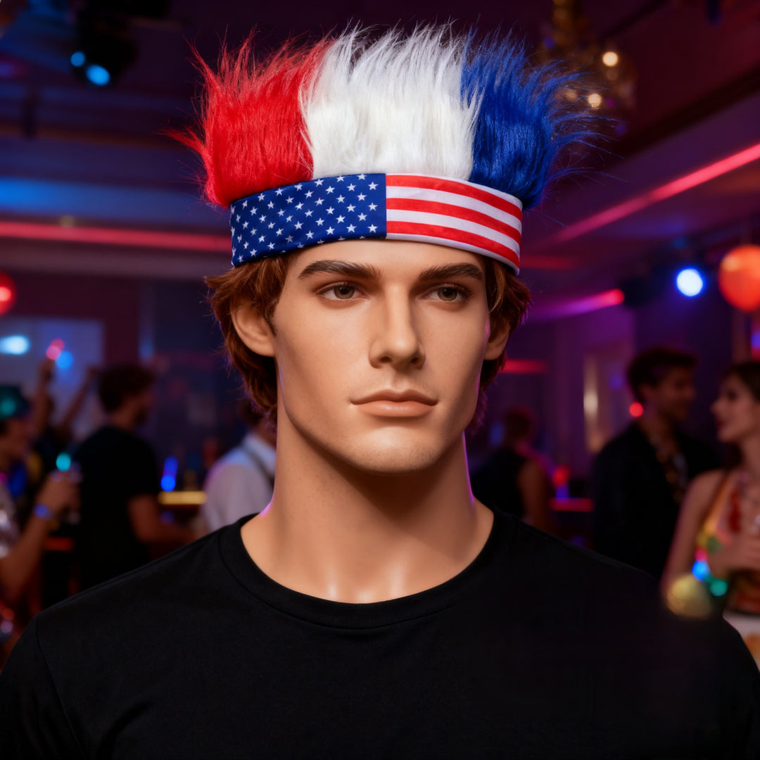 Unisex nan patriotic artificial hair headband with voluminous hair strands and flag motif Bowlift