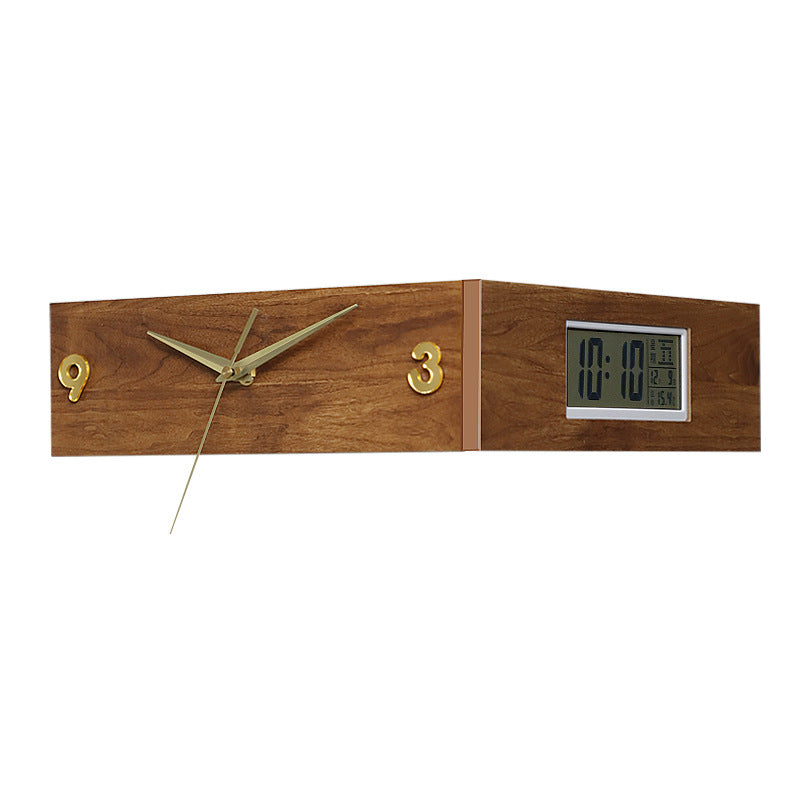 Corner-Mount Dual-Display Wooden Wall Clock with Analog Hands and LCD Panel Bowlift