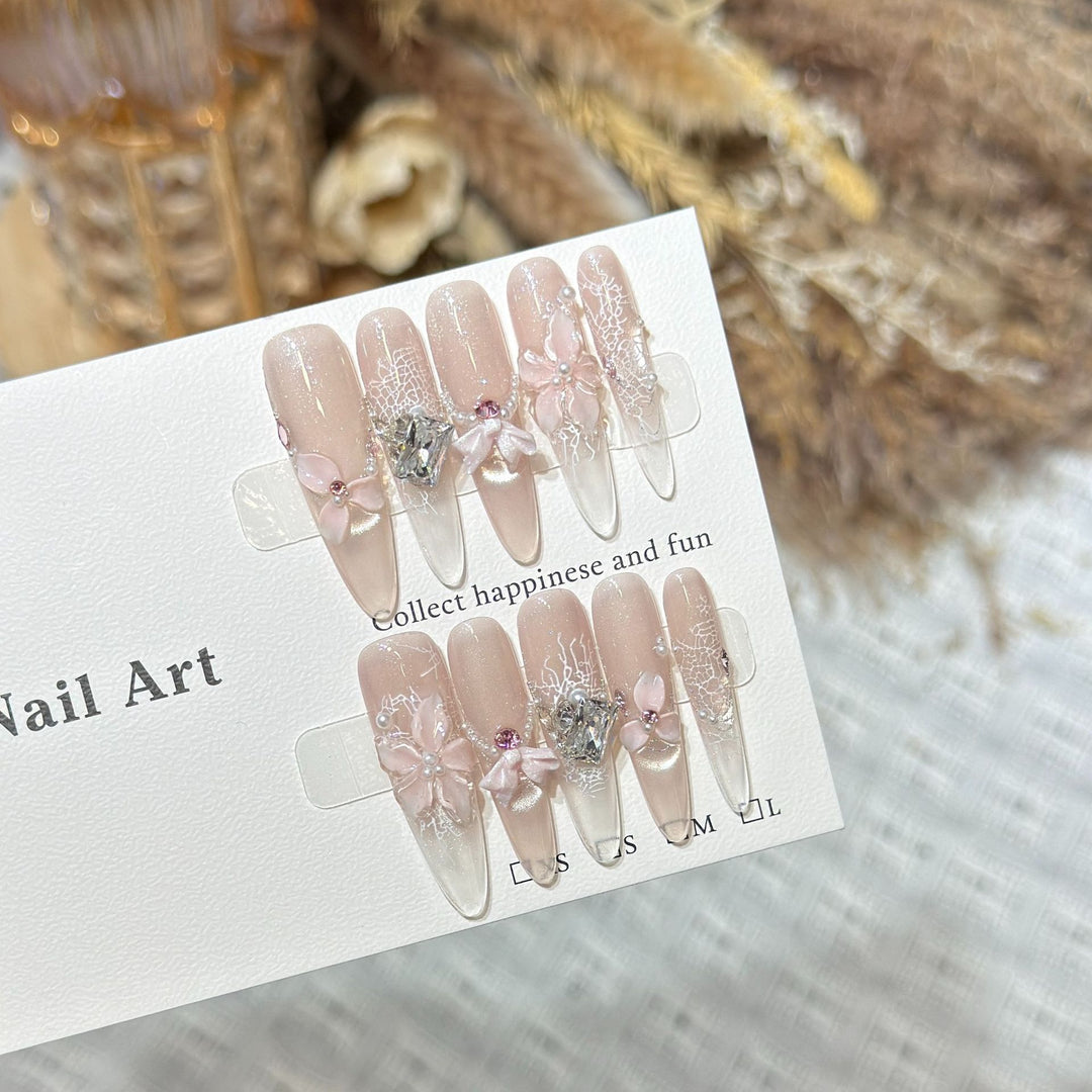 Decorative Press-On Nail Art Set with Floral and Gemstone Accents Bowlift