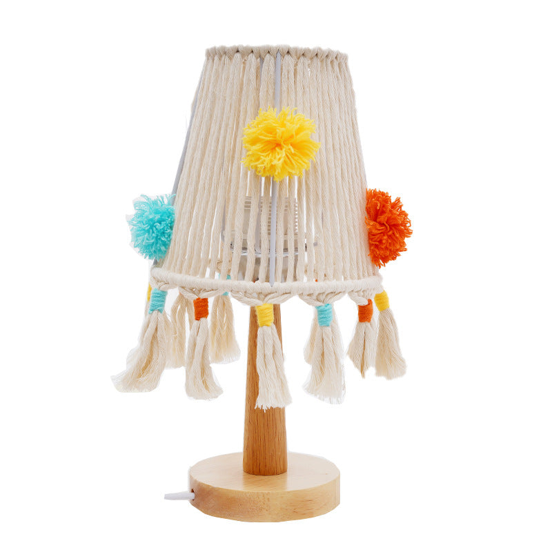 Macramé Table Lamp with Natural Wooden Base Bowlift