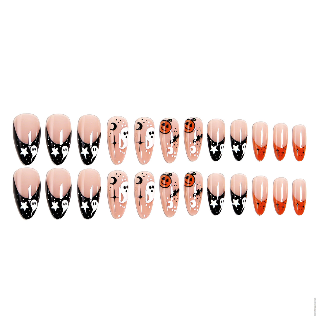 Halloween-themed artificial nails with ghost and pumpkin motifs Bowlift