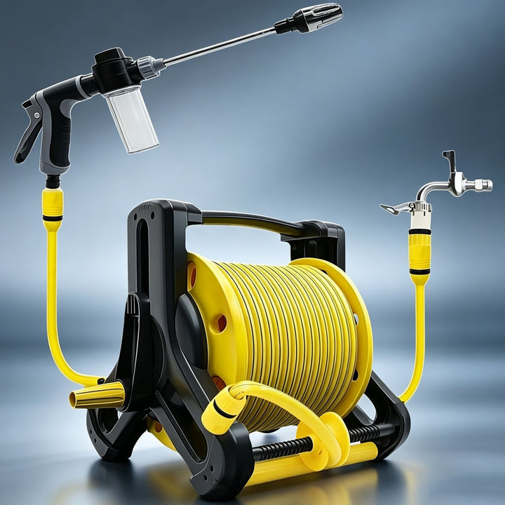 heavy-duty retractable garden hose reel system with pistol spray gun and faucet connector Bowlift