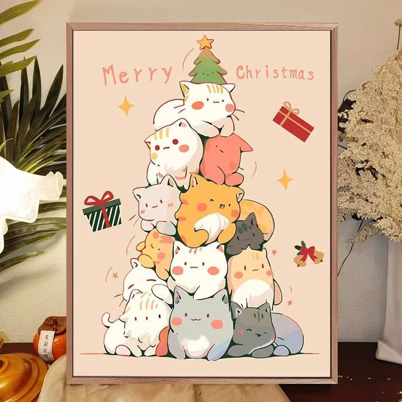 Whimsical Cat-Themed Holiday Canvas Art Print Bowlift