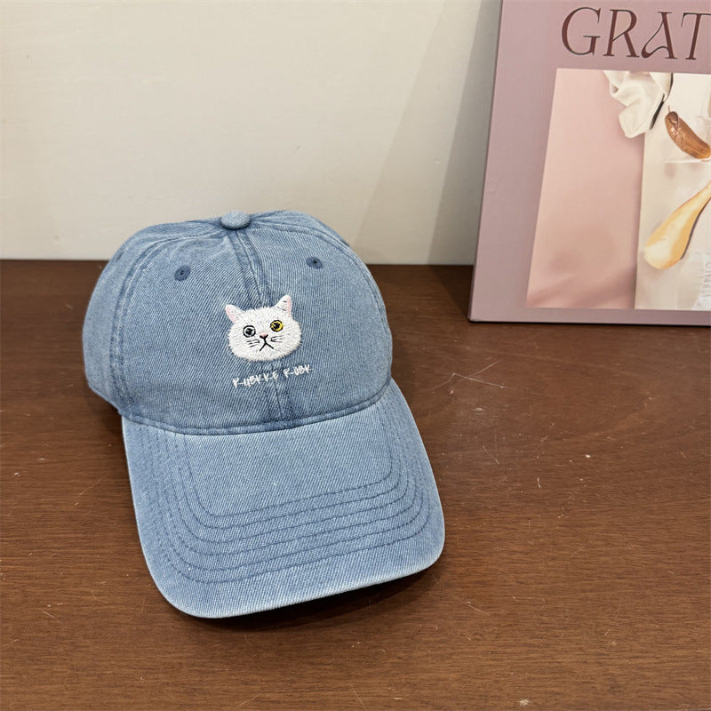 Women's Casual Cotton Baseball Cap with Cat Embroidery Bowlift