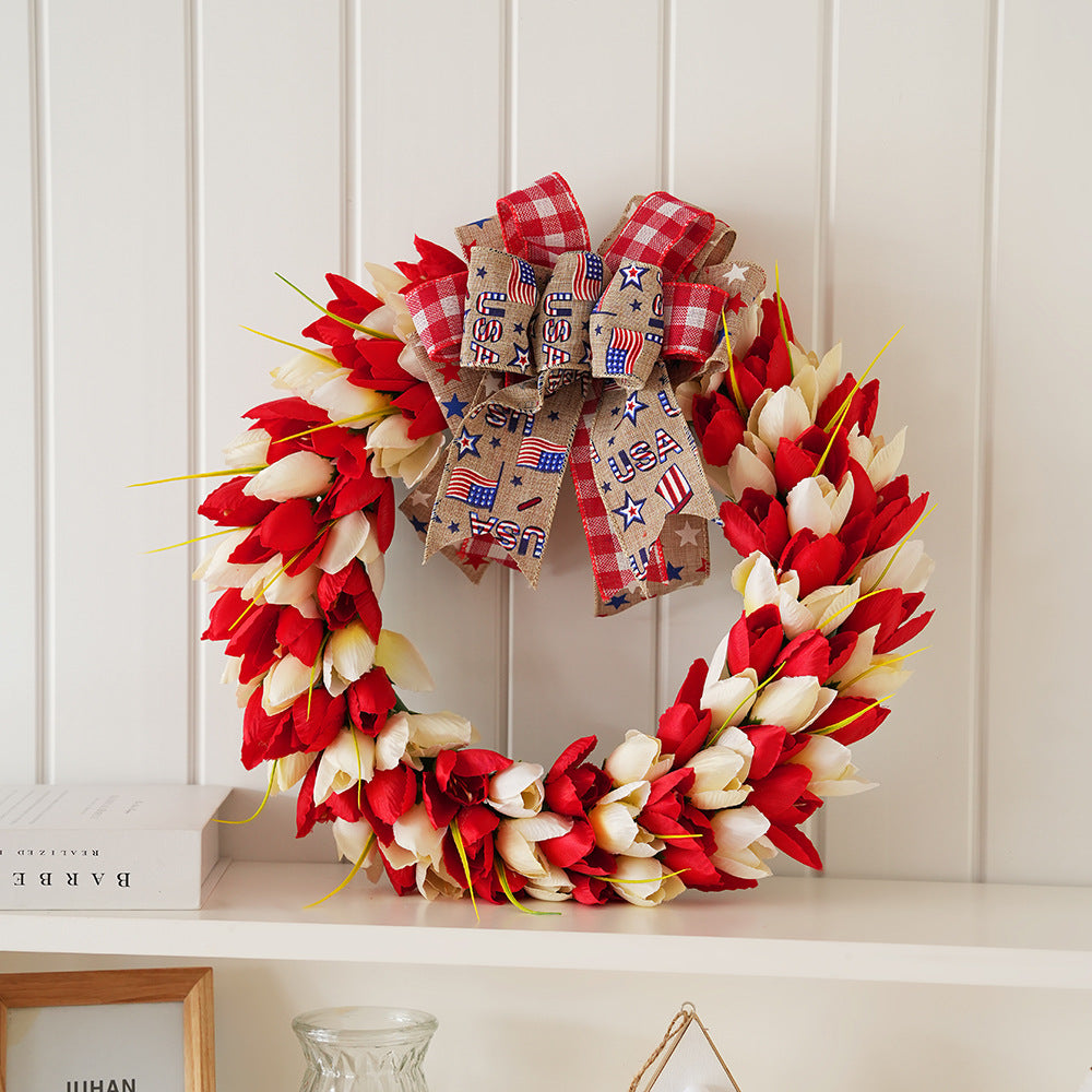 Unisex nan festive door and wall wreath made of foam roses and wrapped textile ribbon Bowlift