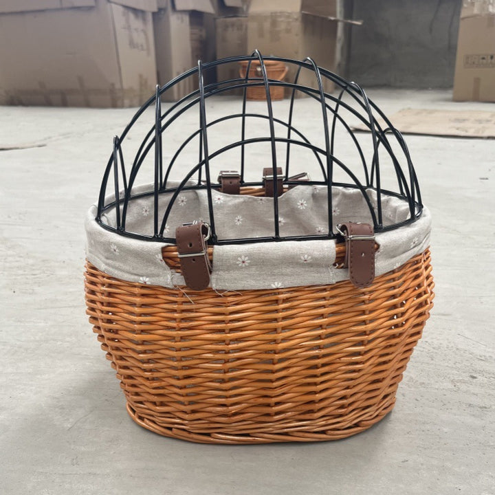 wicker bicycle pet carrier with removable washable liner and reinforced lockable metal dome Bowlift
