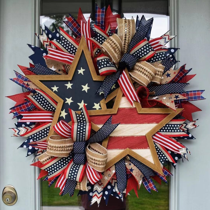 Unisex nan more patriotic front door wreath made of wood and jute ribbon with layered star and bow details Bowlift