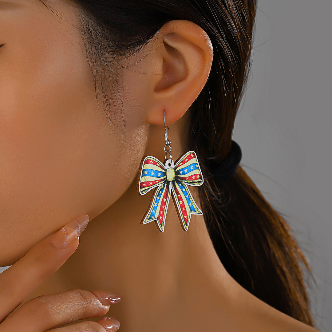 Ladies nan lightweight wooden earrings bow pendant with hook closure and vintage pattern Bowlift