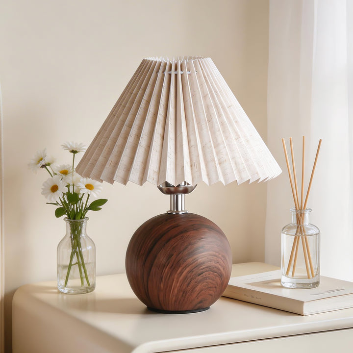 Mid-Century Round Wood Base Pleated Fabric Shade Bedside Lamp Bowlift