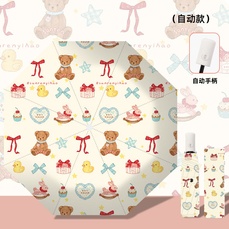 Women's folding umbrella with automatic opening mechanism and playfully themed design Bowlift