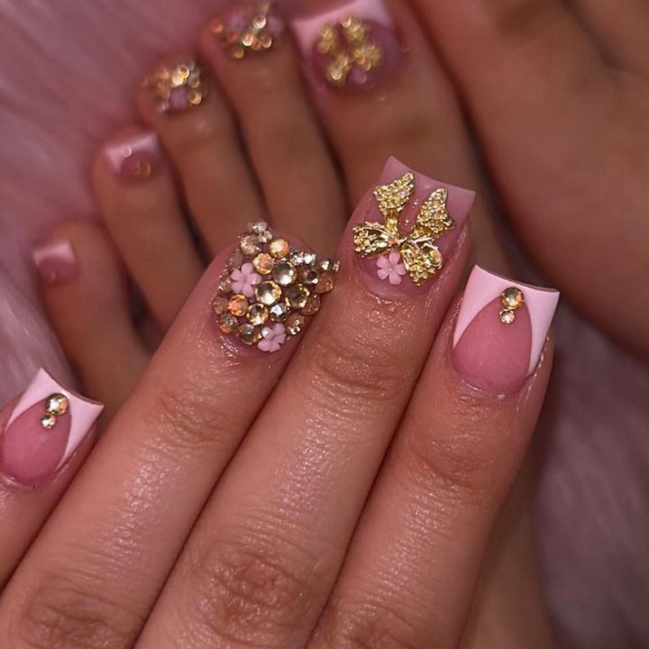 Glamorous Rhinestone and Floral Nail Art Bowlift