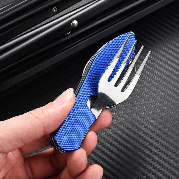 folding stainless steel camping cutlery set with textured grip locking hinge and compact travel clip Bowlift