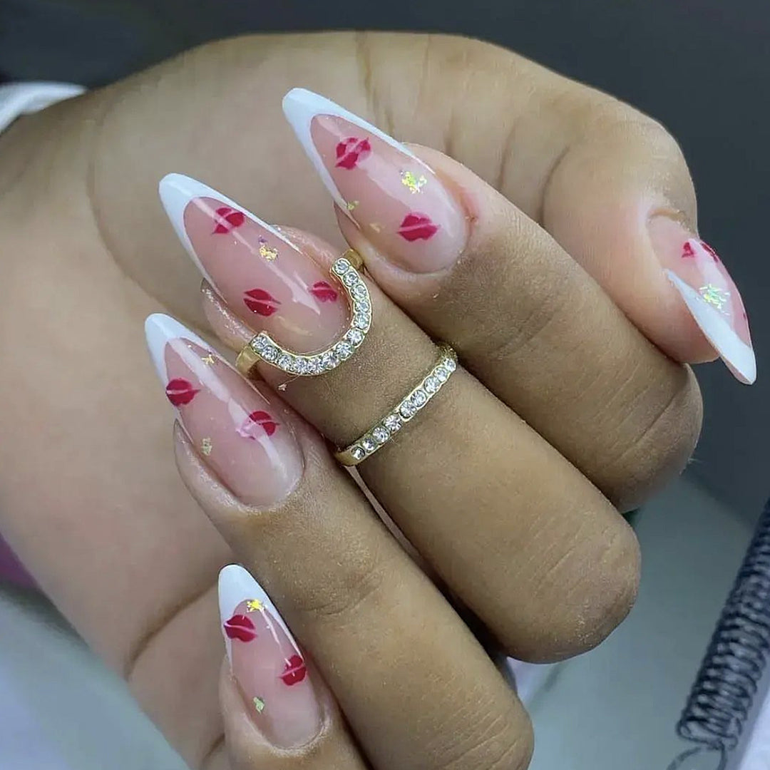 Elegant Kiss Print French Tip Nail Art Extensions Bowlift