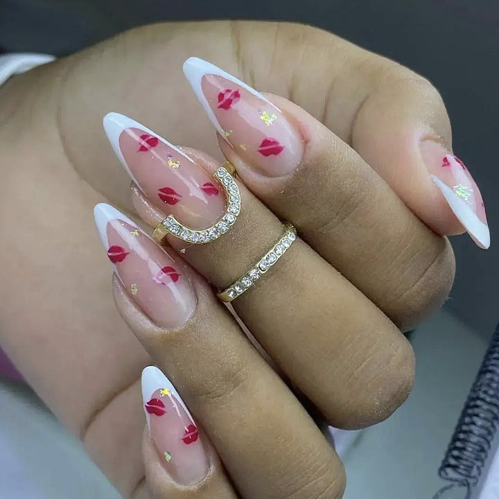 Elegant Kiss Print French Tip Nail Art Extensions Bowlift