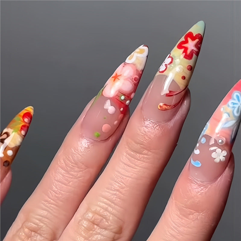 Artistic Floral Stiletto Press-On Nails Bowlift