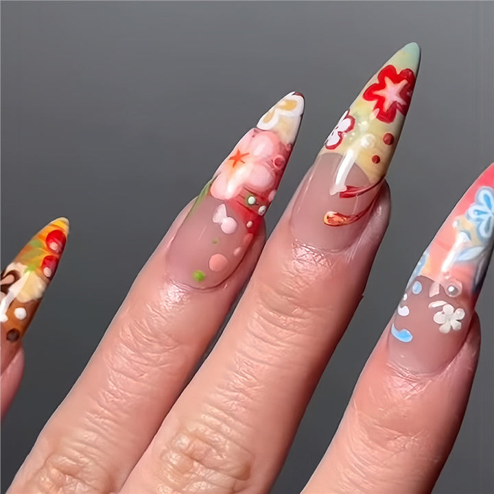 Artistic Floral Stiletto Press-On Nails Bowlift