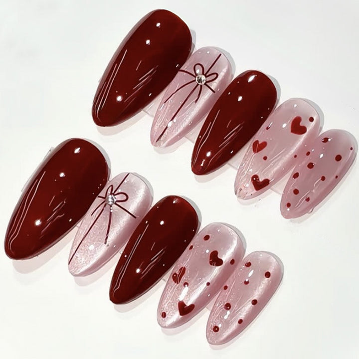 Decorative Press-On Nail Set with Heart and Bow Designs Bowlift