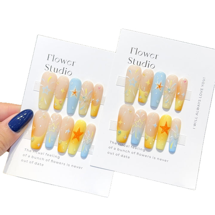 Artificial Nails Set with Colorful Stars and Floral Design Bowlift