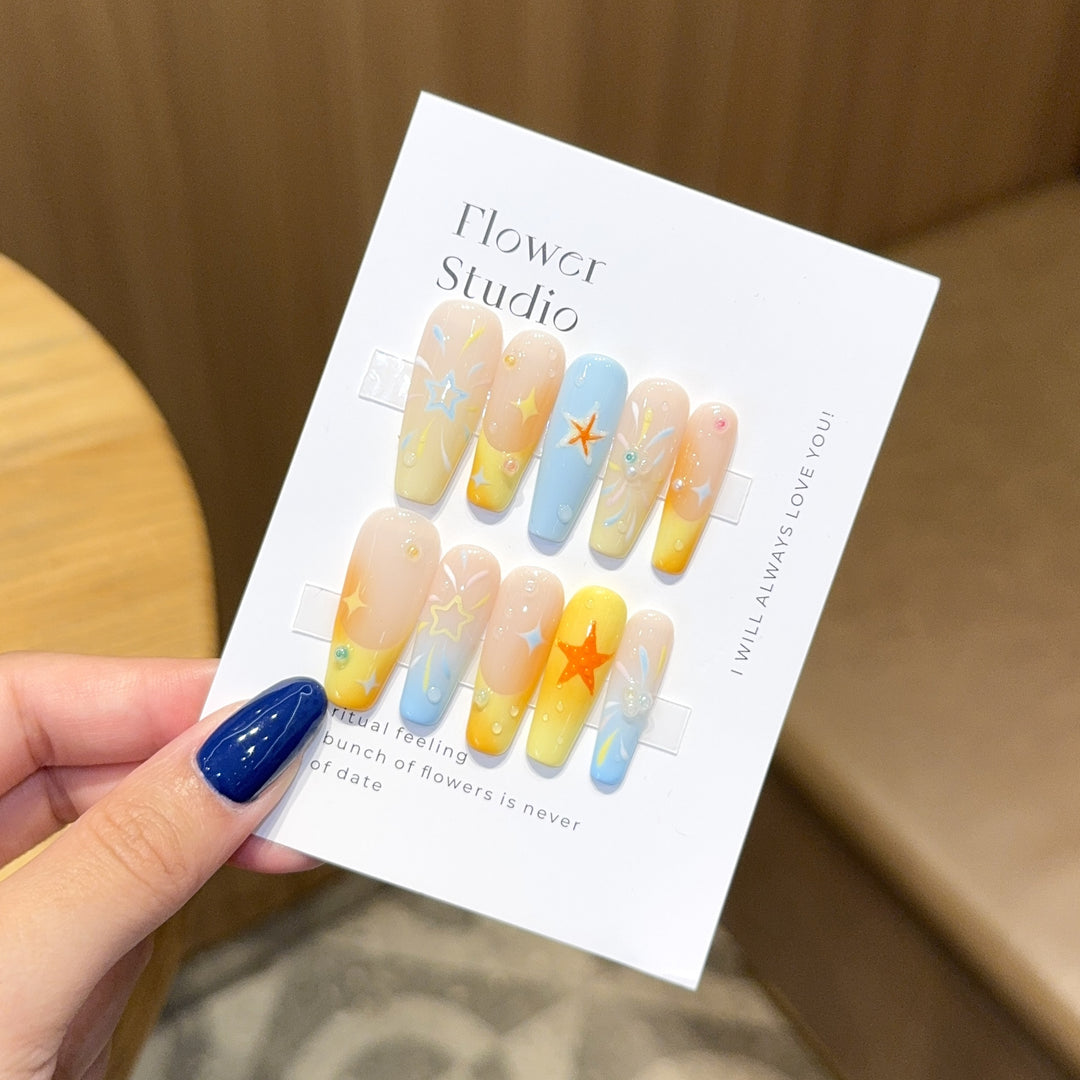 Artificial Nails Set with Colorful Stars and Floral Design Bowlift