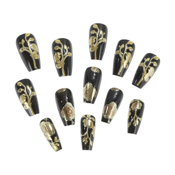 Artificial nail set with elegant golden rose decorations Bowlift
