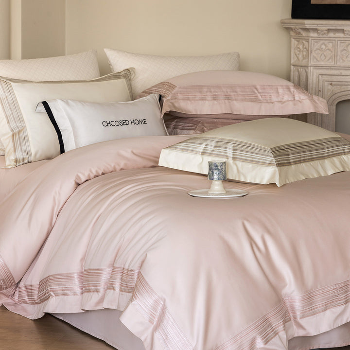 Fine percale bedding set with fine striped embroidery and reversible pillow