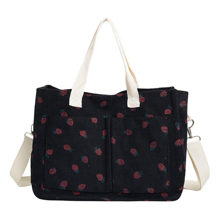 WoStylish Multi-Pocket Strawberry Print Canvas Tote Bag Bowlift